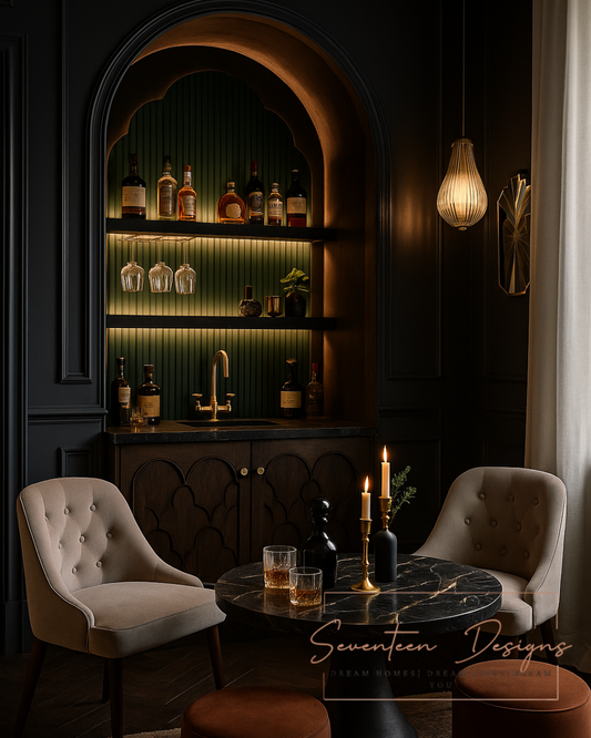 Elegant home bar nook with backlit shelves, cozy seating, and a marble table set for drinks. Concept Image by Seventeen Designs