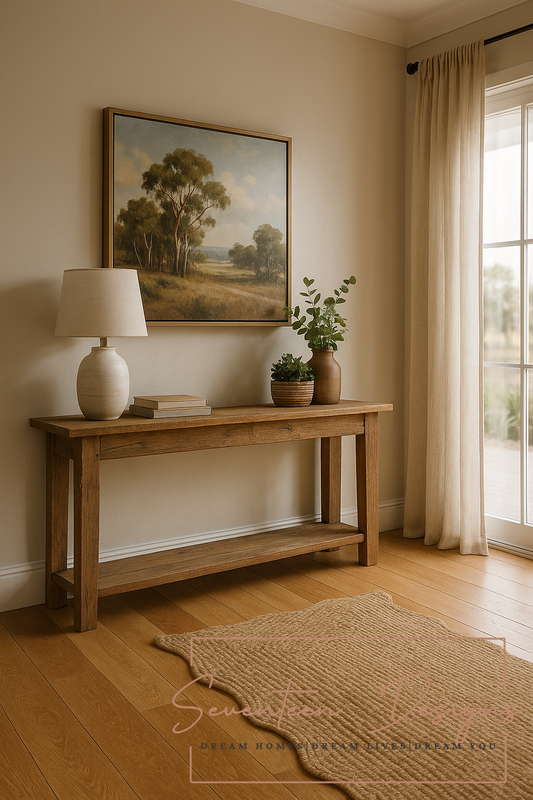 Minimalist entryway with a wooden console table, neutral decor, and a landscape painting for cozy home inspiration. By Seventeen Designs