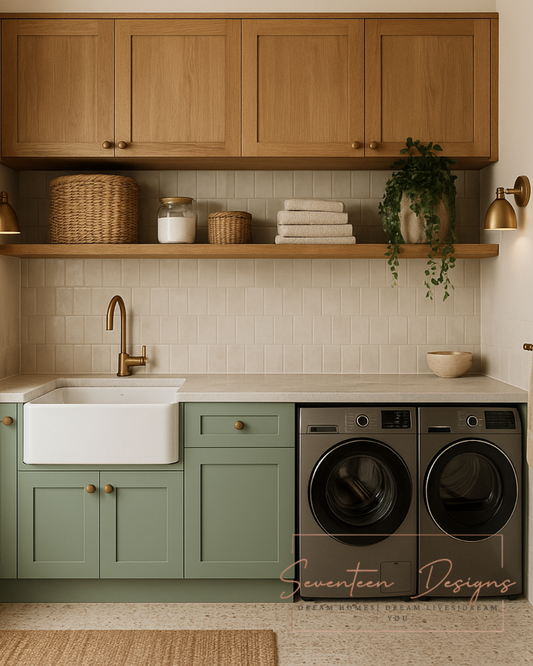 Modern laundry room with sage green cabinets, farmhouse sink, stacked towels, and front-loading washer and dryer. concept by Seventeen Designs