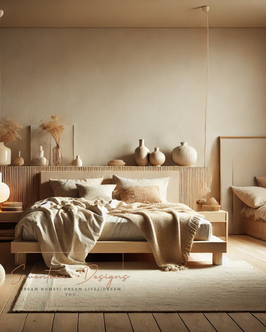 Minimalist bedroom with neutral tones, cozy bedding, wooden furniture, and decorative ceramic vases for modern home inspiration by Seventeen Designs