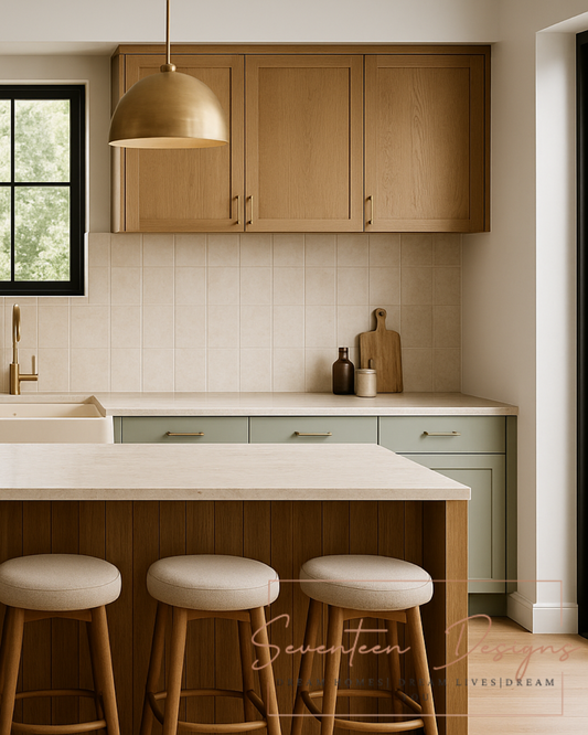 Modern kitchen with wood cabinets, neutral tile backsplash, and three cushioned bar stools at a central island by Seventeen Designs