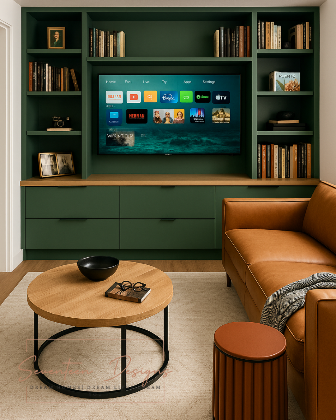 Modern living room with green shelves, brown sofa, and wooden coffee table. With Seventeen Designs Branding
