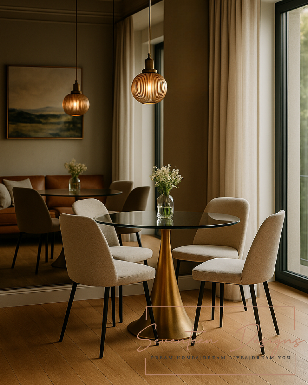 Dining room with a glass table and beige chairs, featuring a painting on the wall with Seventeen Designs Logo