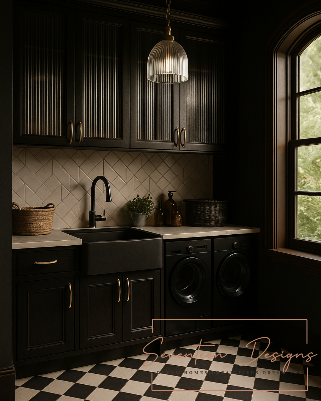 Dark kitchen with black cabinets, white tiled walls, and a checkered floor with Seventeen Designs Logo