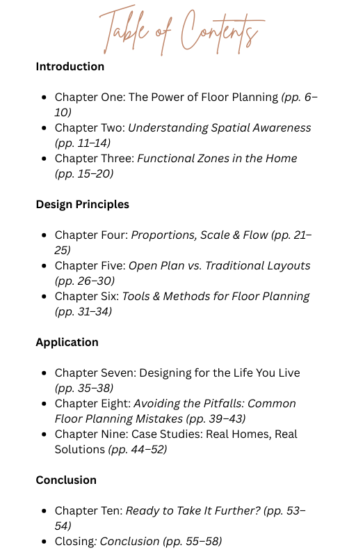 Table of contents for a book on floor planning with chapter headings and page ranges. by Seventeen Designs