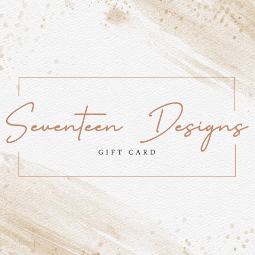 Gift card with 'Seventeen Designs' branding on a textured beige background