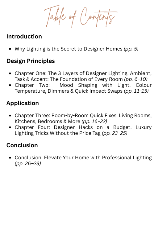 Table of contents for a book or document on lighting design with chapter headings and page ranges. By Seventeen Designs