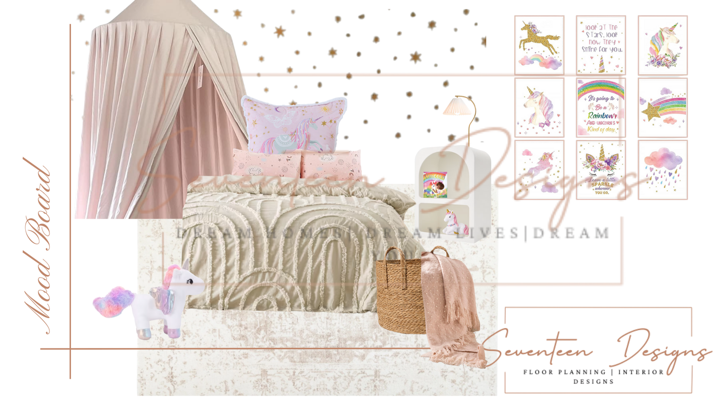 Children's bedroom with pink canopy bed, decorative pillows, and wall art featuring unicorns and rainbows. With Seventeen Designs Branding