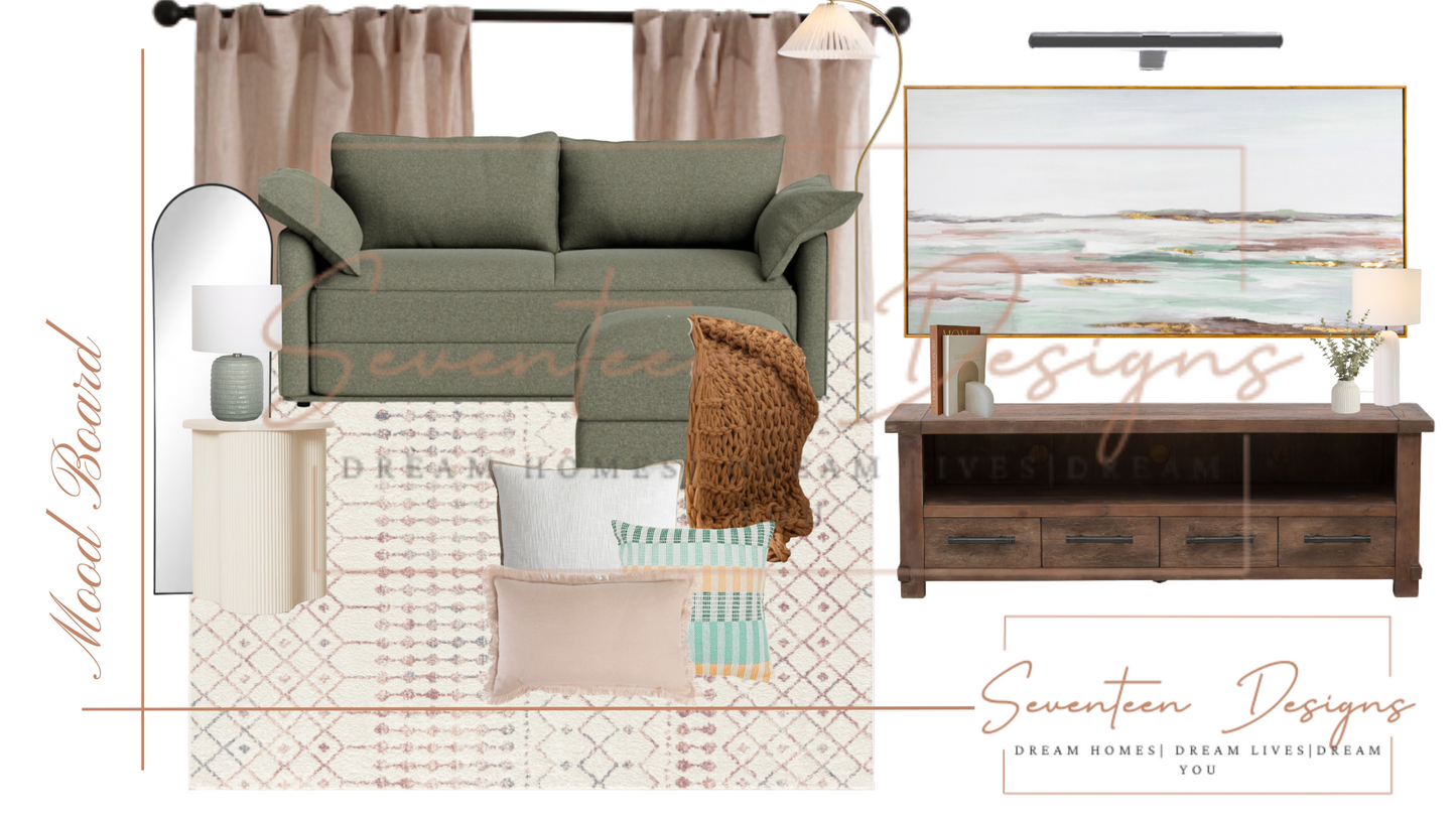 Collage of interior design elements including a sofa, TV stand, and decorative items with 'Seventeen Designs' branding.