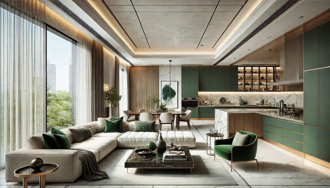 Modern open-plan living room and kitchen with green cabinetry, marble accents, and large windows for natural light by Seventeen Designs