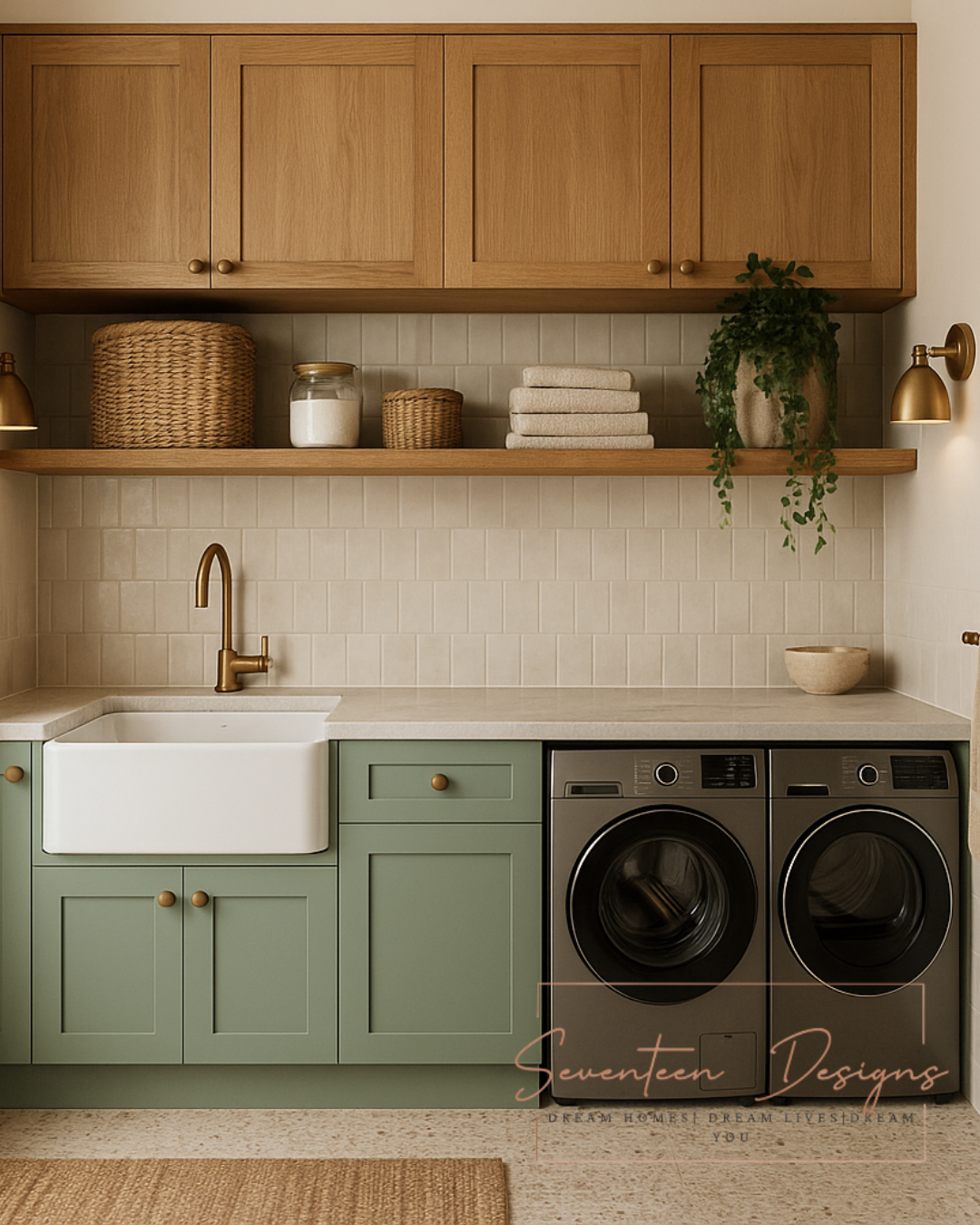 Modern laundry room with sage green cabinets, farmhouse sink, stacked towels, and front-loading washer and dryer. concept by Seventeen Designs