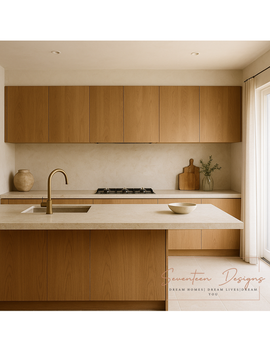 Modern minimalist kitchen with wood cabinets, beige countertops, and natural light for a clean, inviting space by Seventeen Designs