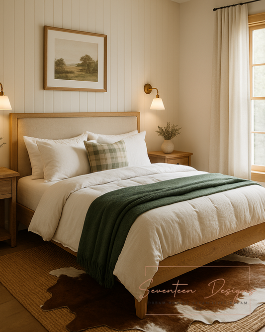 Cozy modern farmhouse bedroom with neutral bedding, green throw blanket, and rustic wood accents by Seventeen Designs