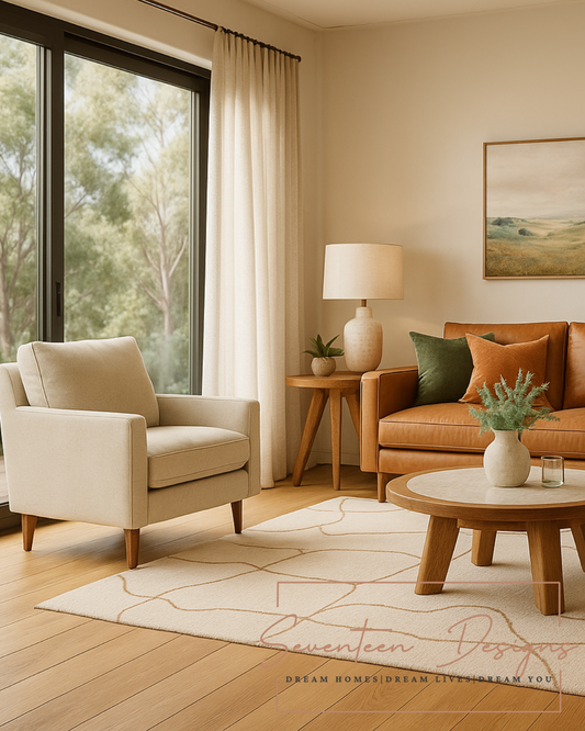 Modern living room with a tan armchair, leather sofa, and neutral decor by large windows concept image by Seventeen Designs.