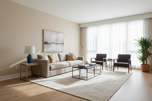 Modern living room with neutral decor, cozy seating, and natural light for stylish home inspiration