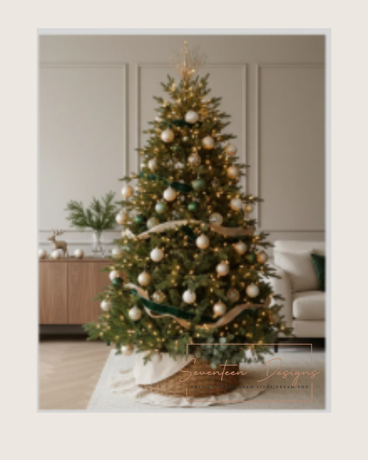 Festive living room with a beautifully decorated Christmas tree featuring gold and green ornaments Seventeen Designs Logo