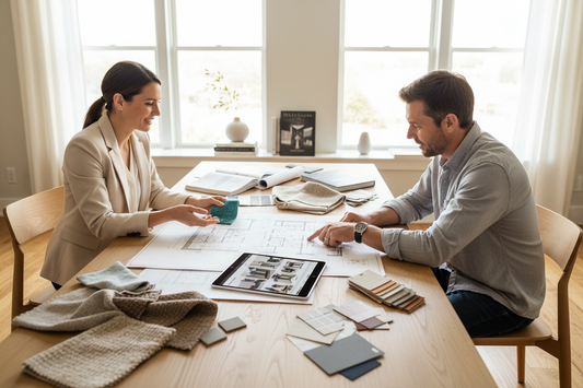 Modern interior design strategy session with fabric swatches, floor plans, and digital inspiration for luxury home planning