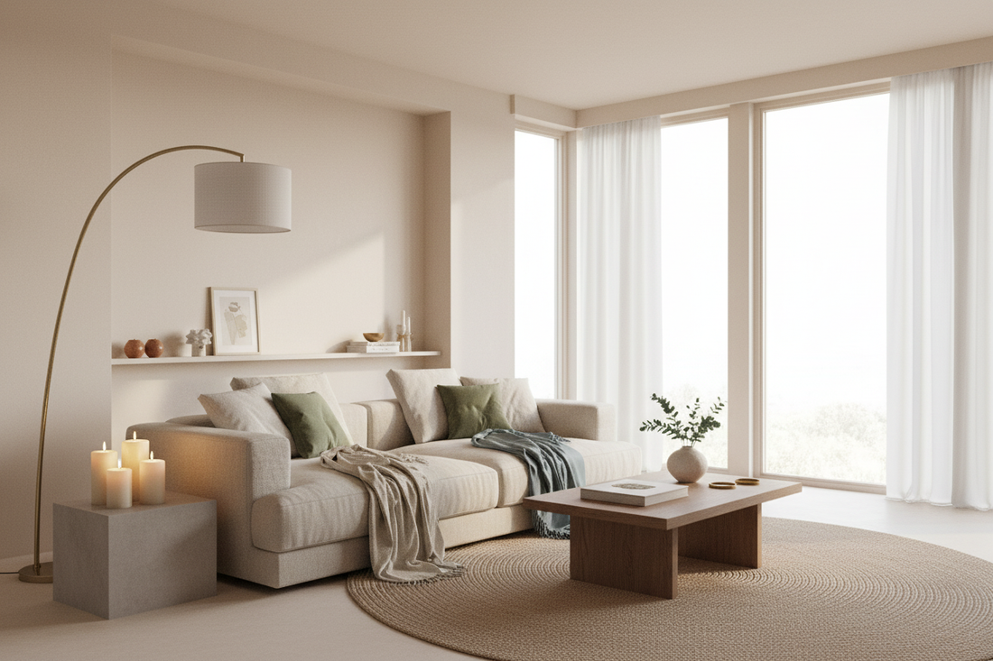 Modern minimalist living room with neutral decor and natural light for cozy home inspiration