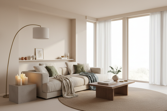 Modern minimalist living room with neutral decor and natural light for cozy home inspiration