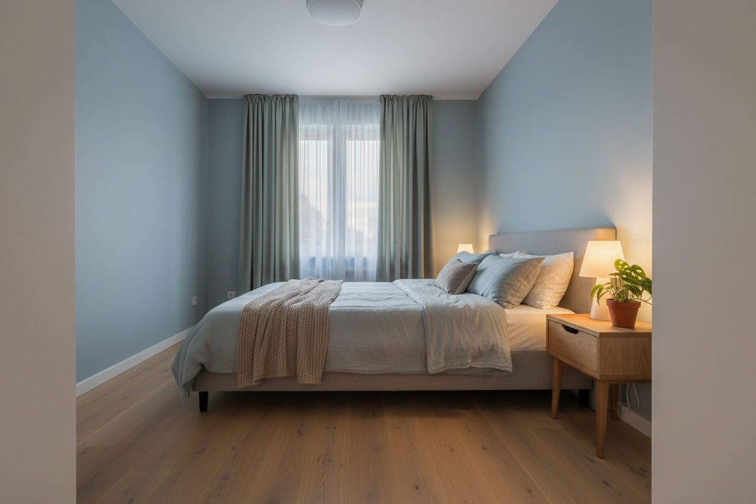 Cozy modern bedroom with soft blue walls and natural light creating a relaxing atmosphere