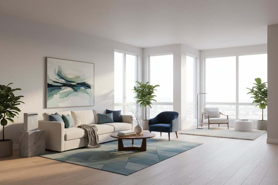 Modern living room styled with interior design psychology principles for luxury and functional comfort