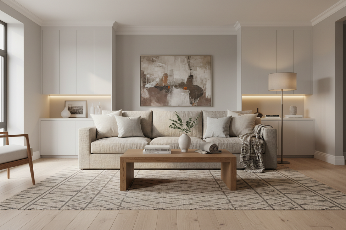 Modern living room with neutral decor and cozy sofa for stylish home inspiration