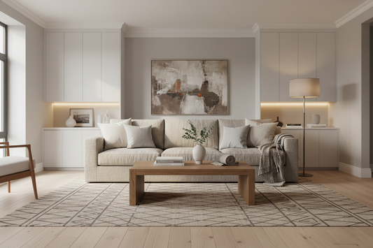 Modern living room with neutral decor and cozy sofa for stylish home inspiration