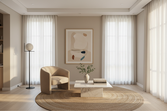Modern minimalist living room with neutral decor and soft natural lighting for a cozy home atmosphere