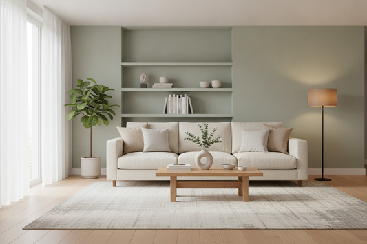 Modern minimalist living room with neutral decor, cozy sofa, and natural light for home inspiration