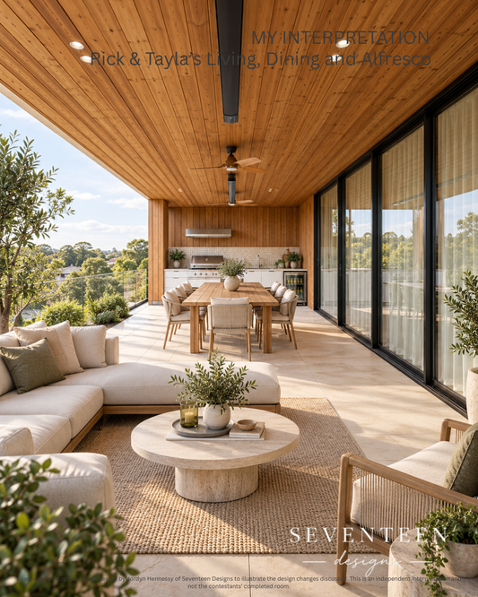 Modern outdoor living and dining space with natural wood accents and stylish alfresco decor ideas