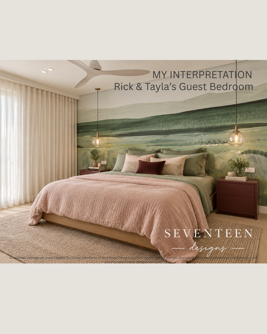 Modern guest bedroom with soft bedding, landscape mural, and cozy decor inspiration for interior design ideas