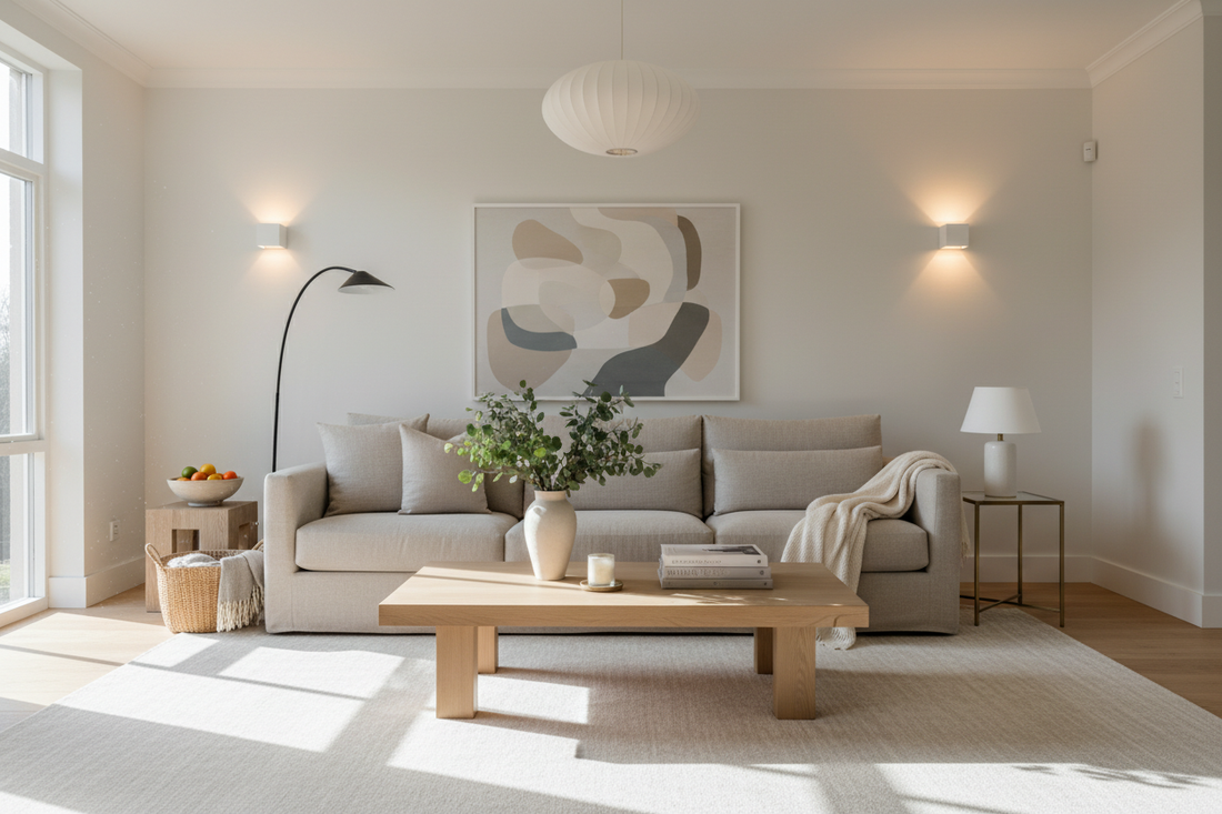 Neutral modern living room with minimalist decor and natural light for cozy home inspiration
