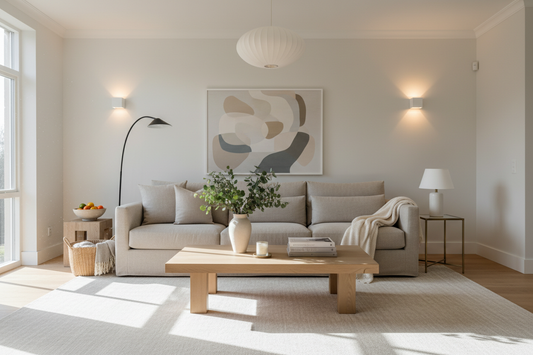Neutral modern living room with minimalist decor and natural light for cozy home inspiration