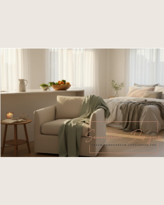 Cozy modern bedroom with natural light, soft blankets, and fresh decor for relaxing home inspiration Seventeen Designs Logo
