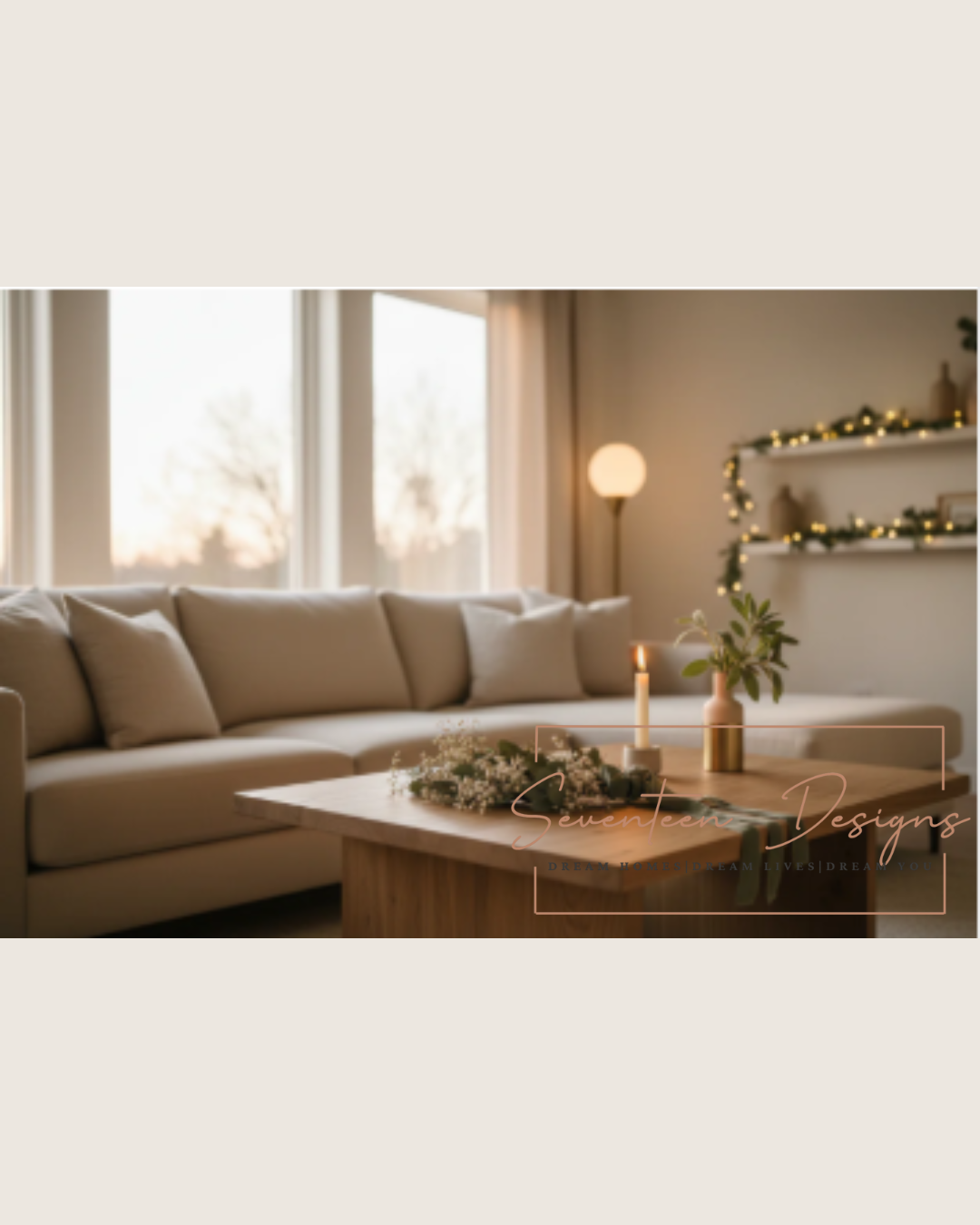 Cozy living room with modern decor and warm lighting for inviting home inspiration Seventeen Designs Logo