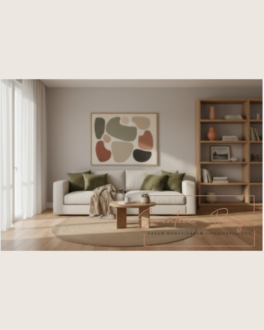 Modern living room with minimalist decor, cozy sofa, abstract wall art, and natural light for home inspiration Seventeen Designs Logo