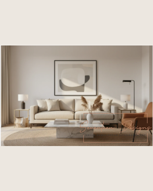 Modern minimalist living room with neutral decor, cozy sofa, and abstract wall art for home inspiration Seventeen Designs Logo