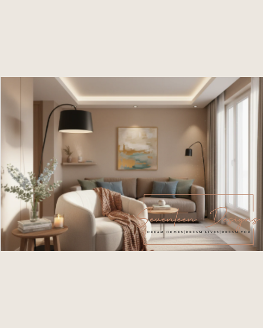 Modern cozy living room with soft lighting and neutral decor for comfortable home inspiration Seventeen Designs Logo
