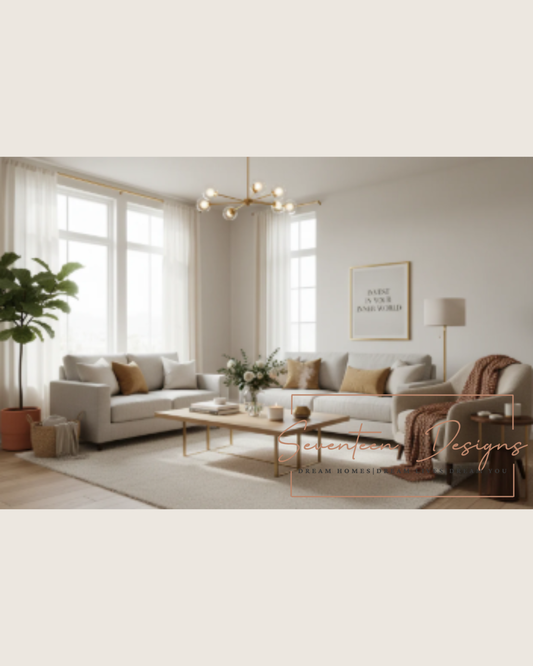 Modern living room with neutral decor, cozy seating, and natural light for home interior inspiration with Seventeen Designs Logo