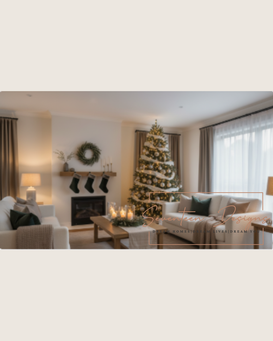 Elegant living room decorated for Christmas with a sparkling tree and cozy holiday accents Seventeen Designs Logo