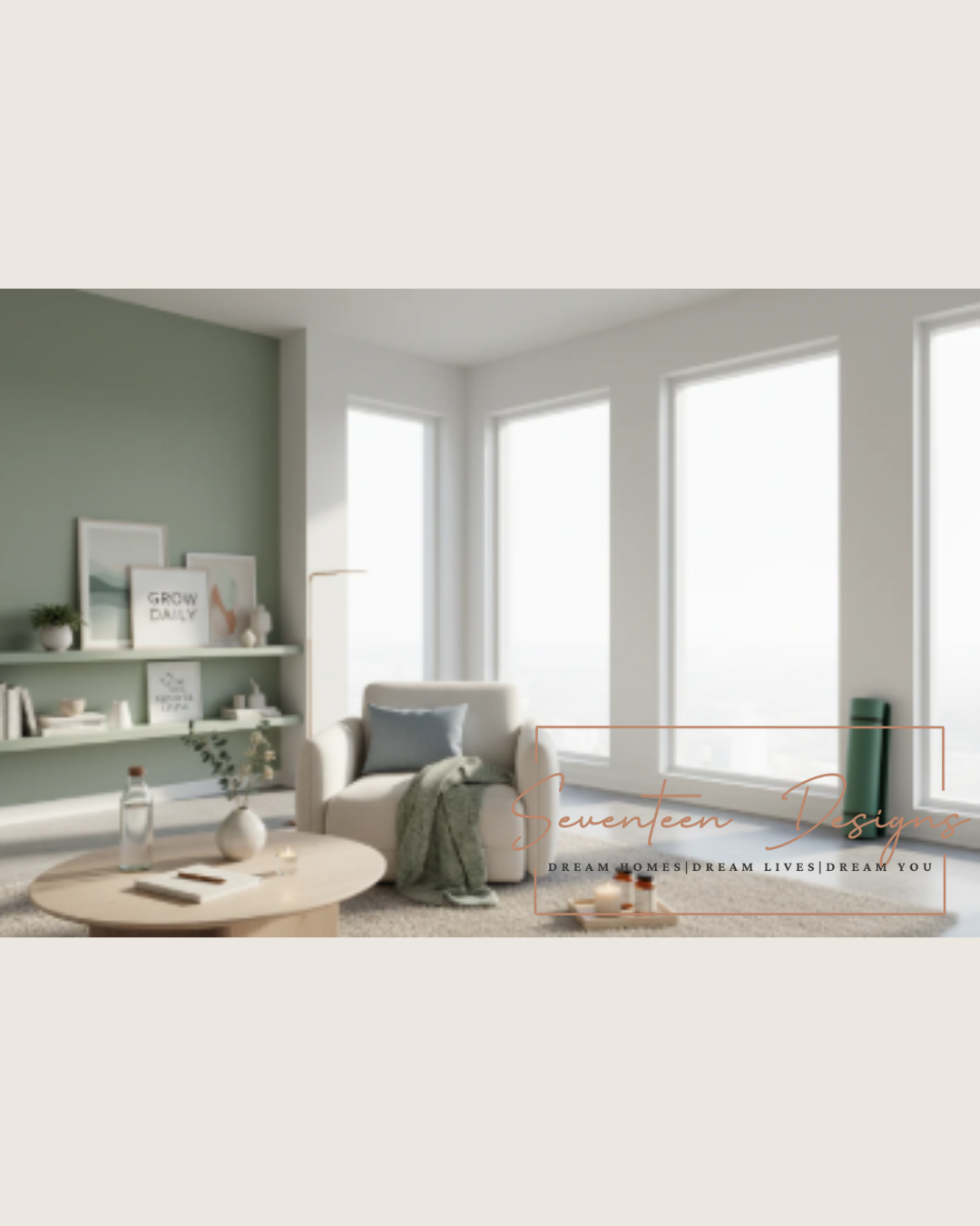 Cozy modern living room with natural light and minimalist decor for a calm, inviting home atmosphere Seventeen Designs Logo