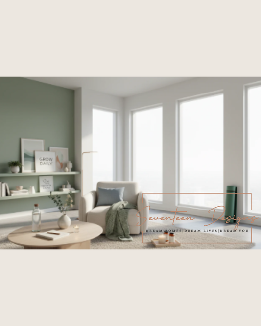 Cozy modern living room with natural light and minimalist decor for a calm, inviting home atmosphere Seventeen Designs Logo