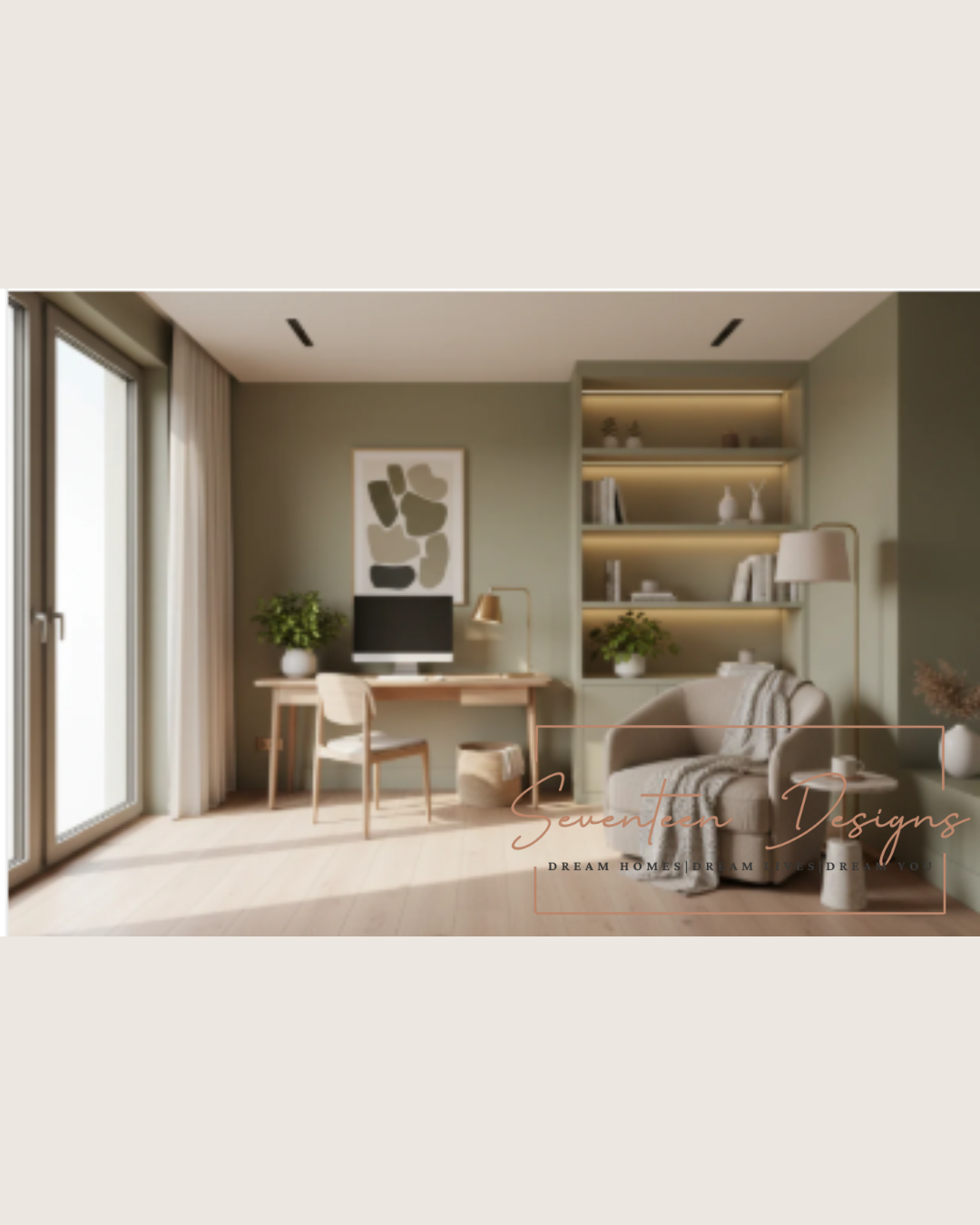 Modern home office with minimalist decor, natural light, and cozy reading nook for productive workspace inspiration Seventeen Designs Logo