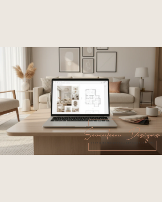 Modern living room workspace with laptop displaying interior design plans and cozy neutral decor ideas Seventeen Designs Logo