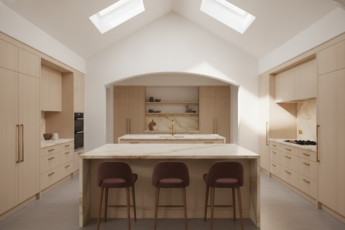 Spacious modern kitchen with natural light and minimalist wood cabinetry for elegant home inspiration