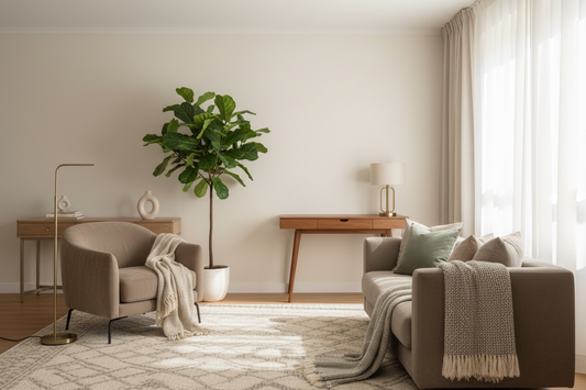 Neutral living room decor with cozy armchair, modern sofa, indoor plant, and natural light for inspiration