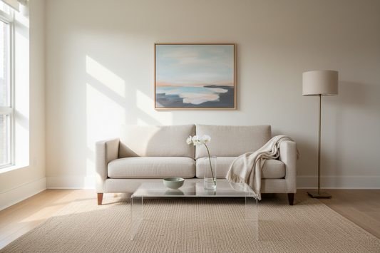 Neutral modern living room with beige sofa, glass coffee table, and cozy minimalist decor
