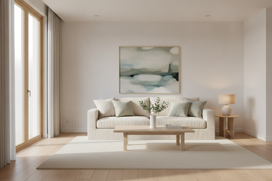 Modern minimalist living room with neutral decor, cozy sofa, and soft natural lighting for interior inspiration