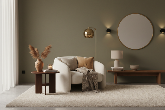 Cozy modern living room with neutral decor, soft armchair, and warm lighting for relaxing home inspiration