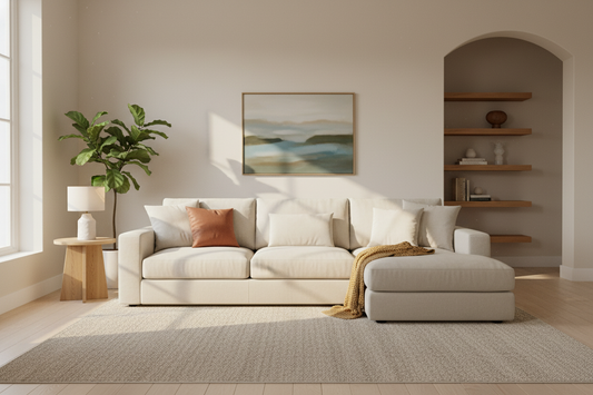 Modern neutral living room with cozy sectional sofa and minimalist decor for home inspiration
